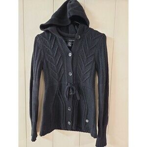 Calvin Klein Womens PP XS Hoodie Knit Sweater Button Down Tie Front Black Soft